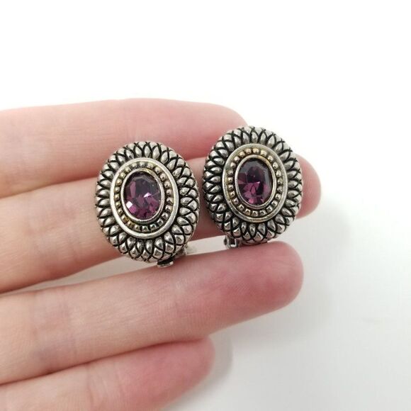 Vintage Oval Purple Rhinestone and silver Tone Clip On Earrings, Unique Retro - Picture 1 of 6
